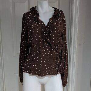 H&M Brown Polka Dot Ruffle Wrap Blouse Women's 10